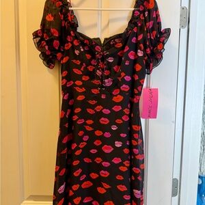 Betsey Johnson Black Dress with Lip Print